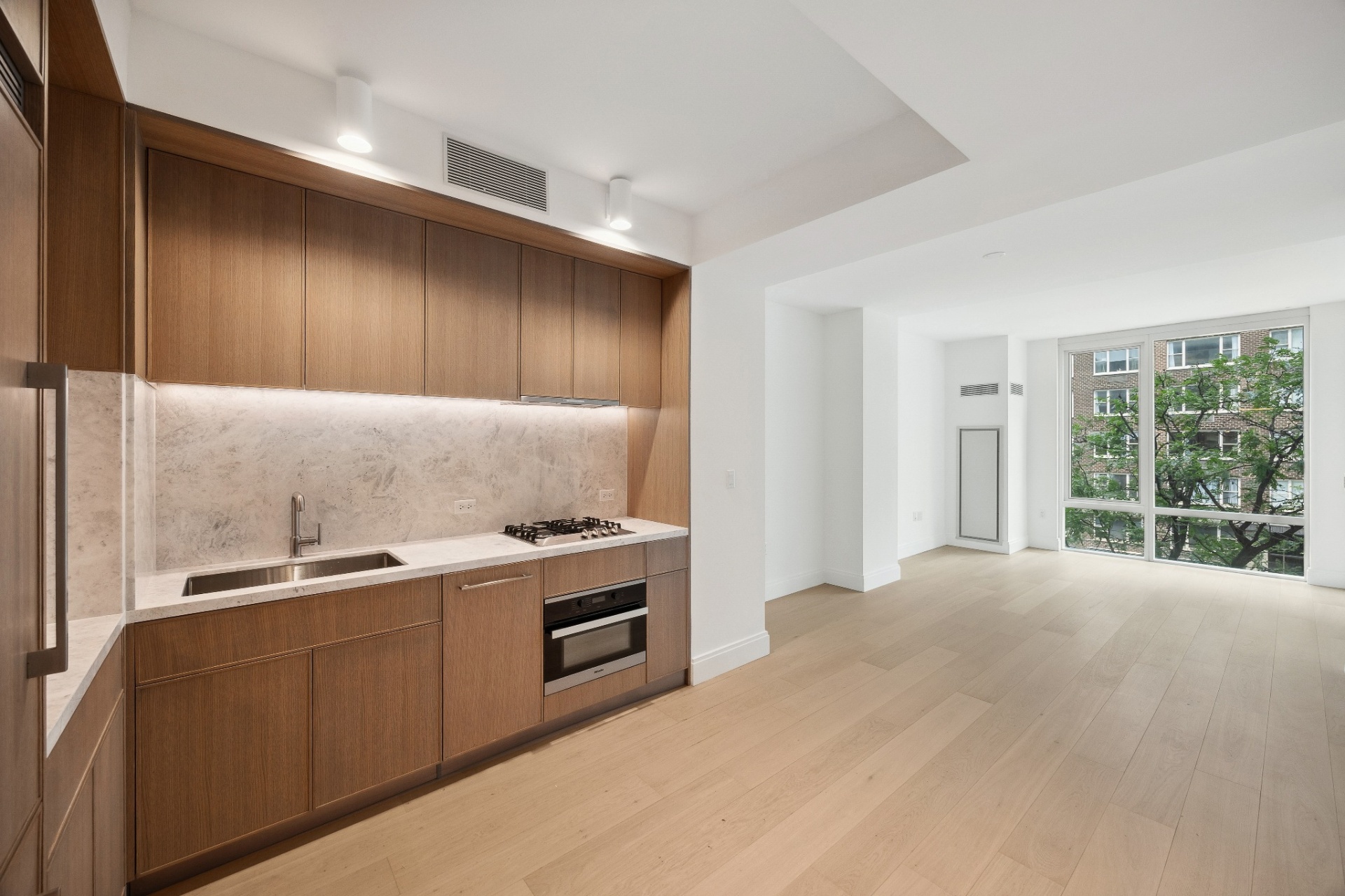 Modern kitchen and living space with oak cabinetry and floor-to-ceiling windows