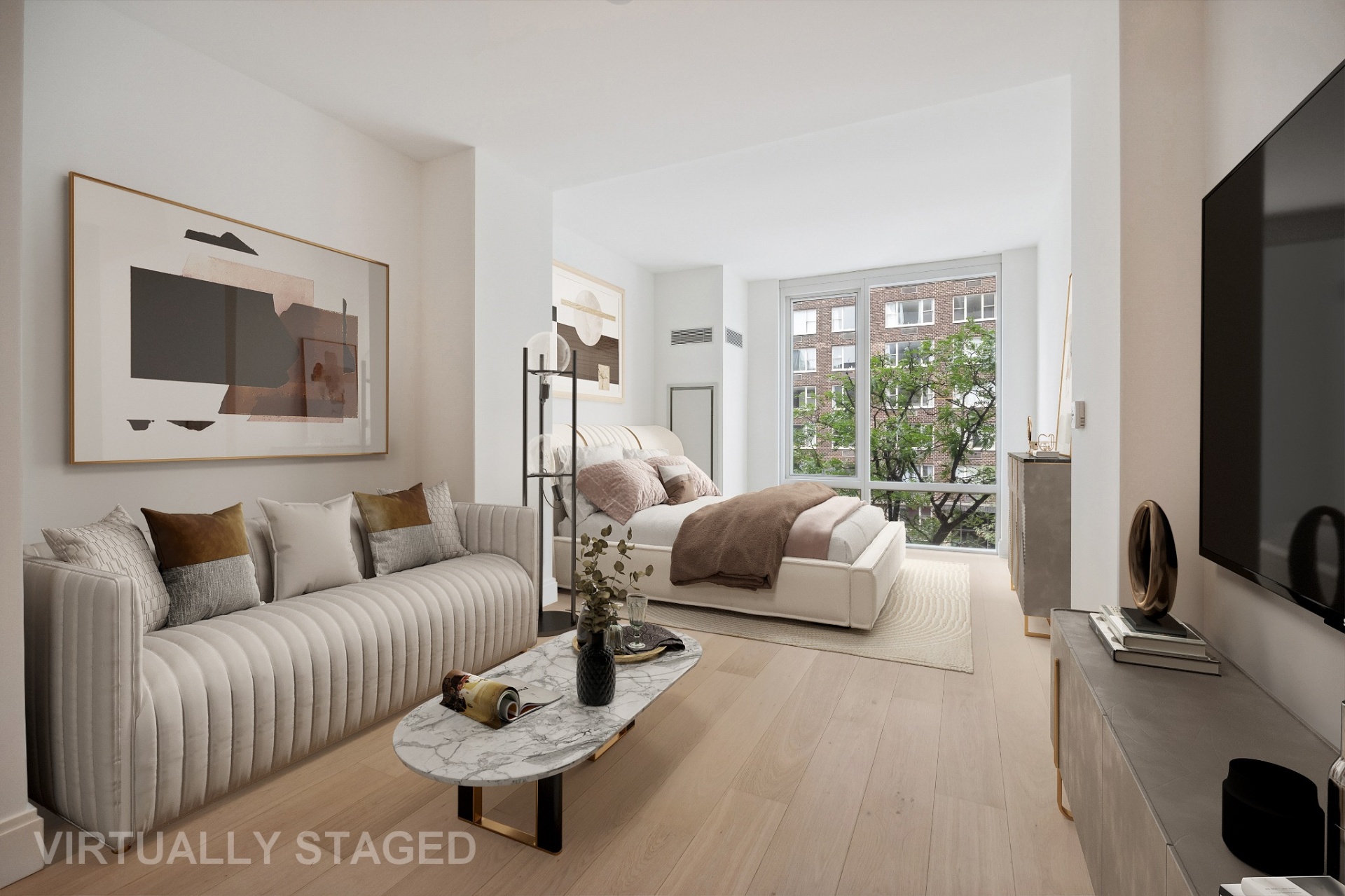 Residence 5G at 501 Third Avenue — open living and kitchen with skyline view