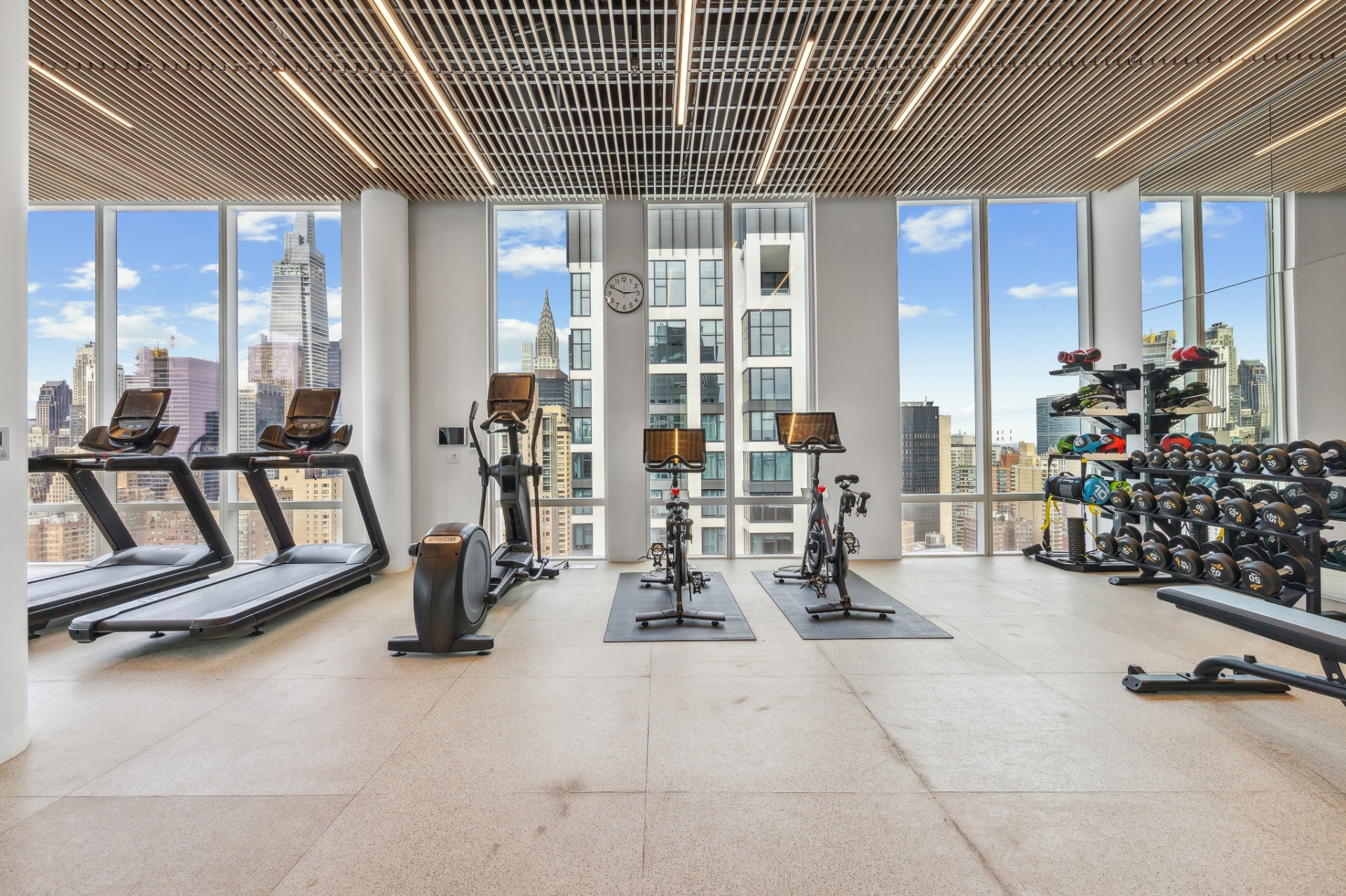 Fitness center overlooking the Chrysler Building